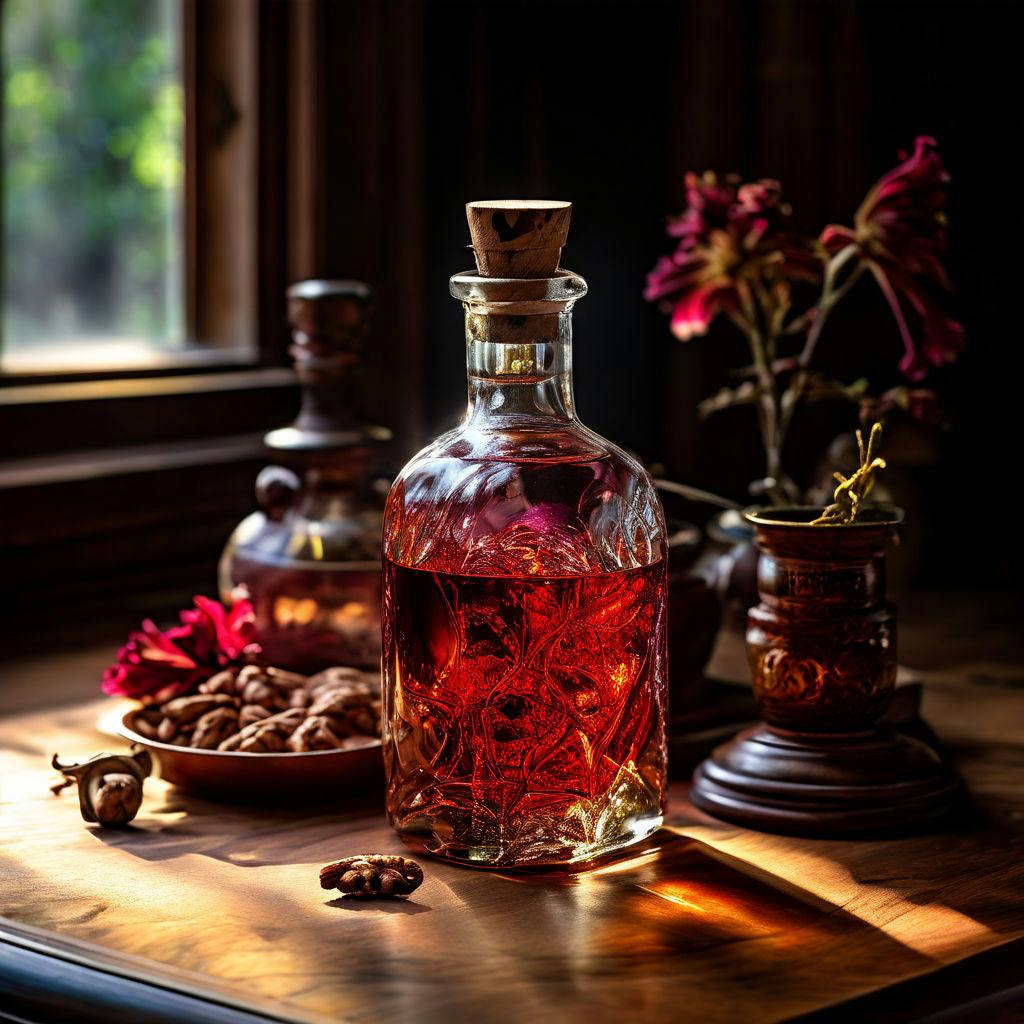 Nalewka z kwiatów róży w szklanej butelce na stole.